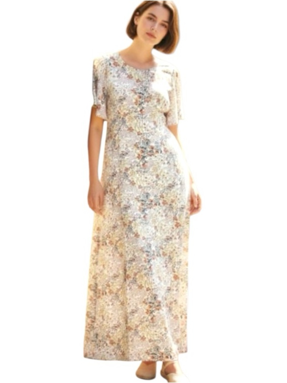 Vintage Floral Maxi Dress S Beige Pink Crepe Short Sleeve Feminine Cottage Y2K
